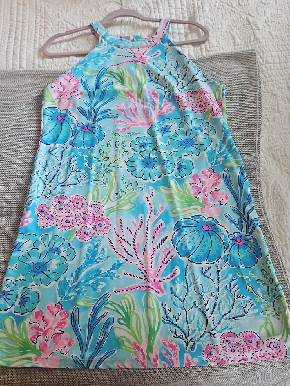 Aqua Floral Coral-Print Halter Dress - Size Small